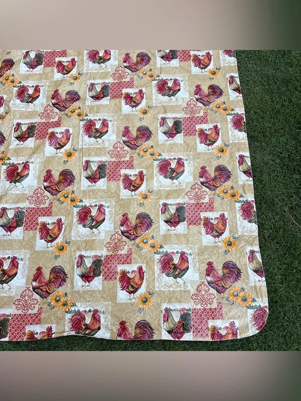 Chicken Rooster Tablecloth 99x58 Country Farmhouse Floral Vinyl Flannel Backing